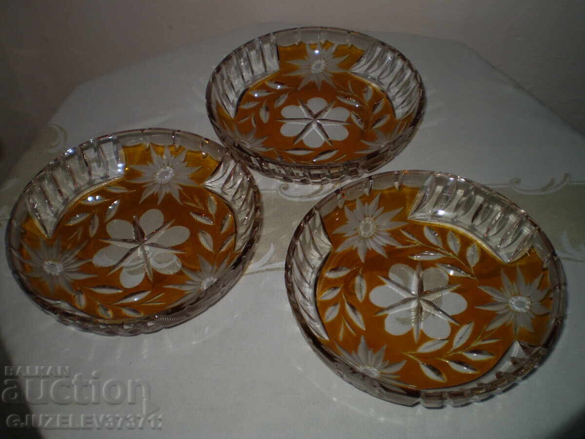 3 bucăți de cristal Bohemia ornamente galbene, tăiate până la transparență - 7