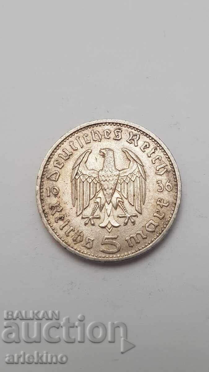 Аукцион Сребърна монета 5 Райх марки 1936 год. Германия Аукцион Сребърна монета 5 Райх марки 1936 год. Германия
