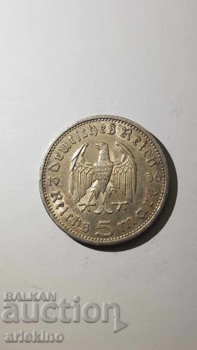 Сребърна монета 5 Райх марки 1936 год. Германия Сребърна монета 5 Райх марки 1936 год. Германия
