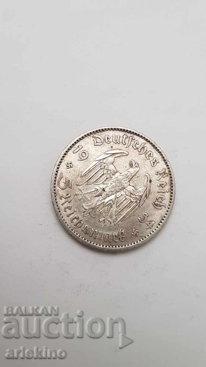Monedă de argint 5 Reichsmarke 1934 Germania cu preț 45.00 BGN | € 23.01