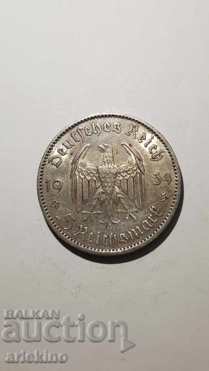 Monedă de argint 5 Reichsmarke 1934 Germania