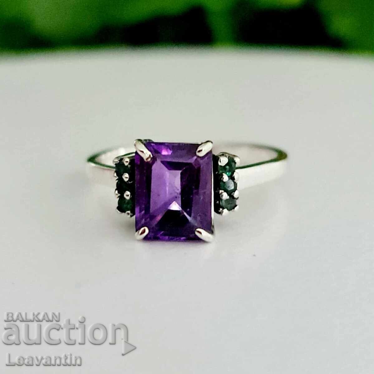 Silver ring with Amethyst and Emeralds - 5 Silver ring with Amethyst and Emeralds - 5
