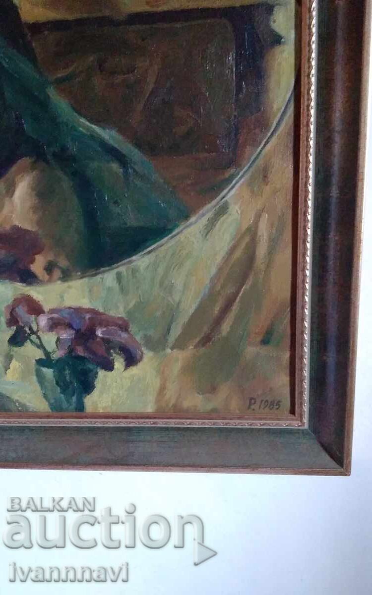 Auction  Old painting oil canvas stretched on fiberboard 1985 signature