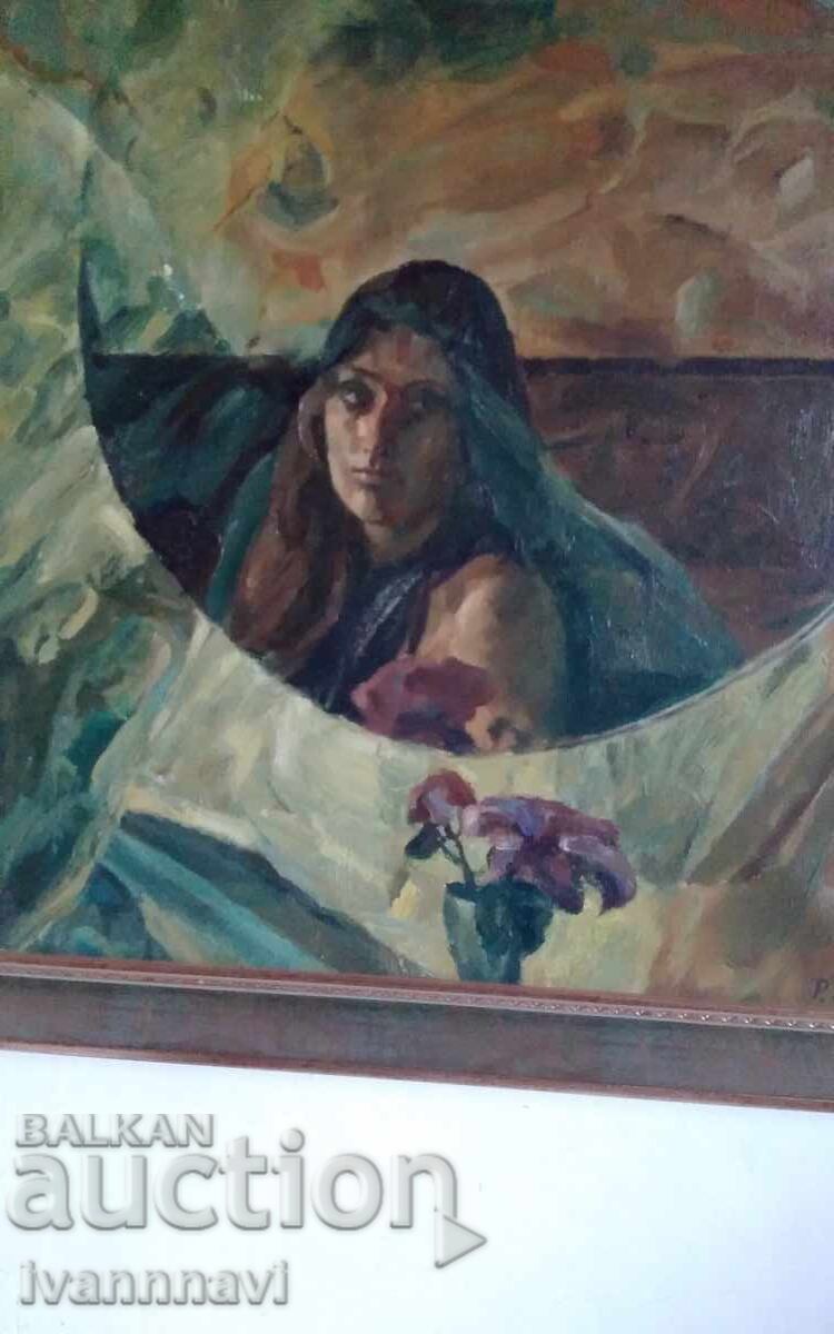 Old painting oil canvas stretched on fiberboard 1985 signature - 5