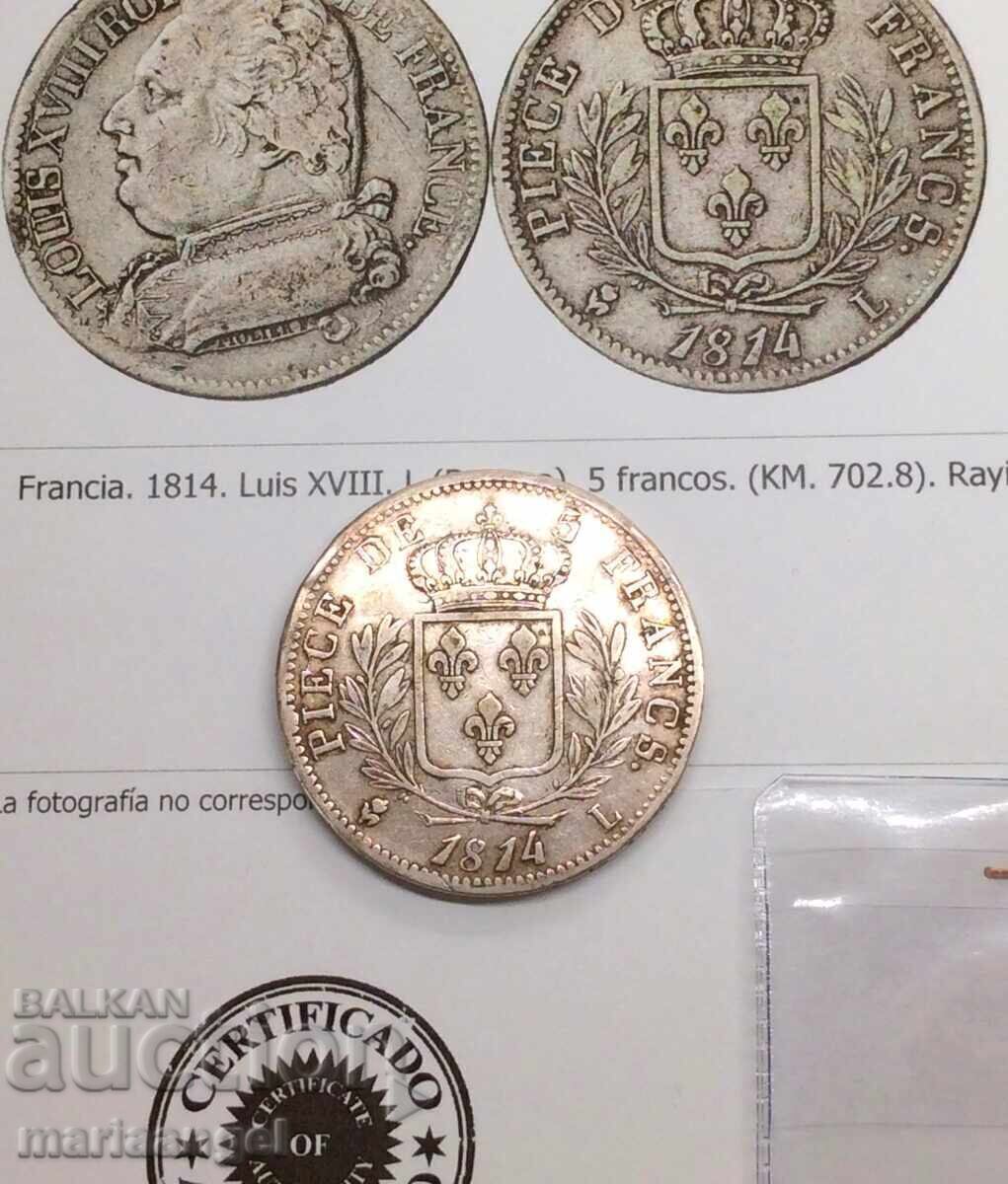 5 Francs 1814 France Certificate L - Bayonne Louis XVIII RARE - 5