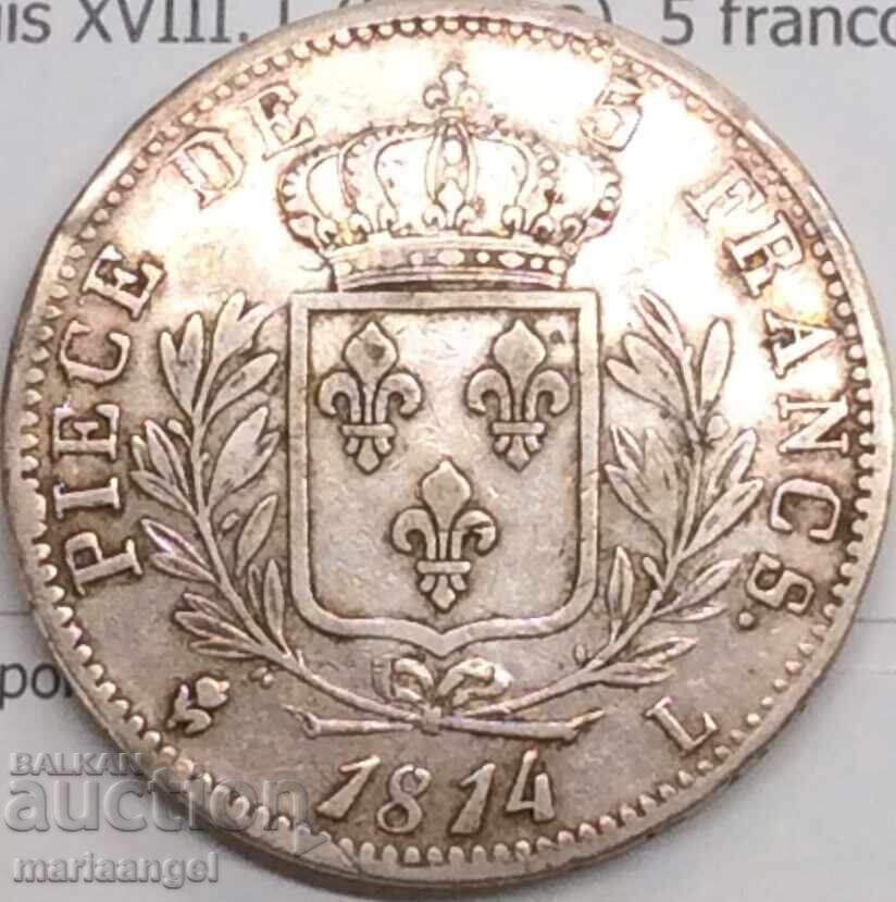 5 Francs 1814 France Certificate L - Bayonne Louis XVIII RARE - 7