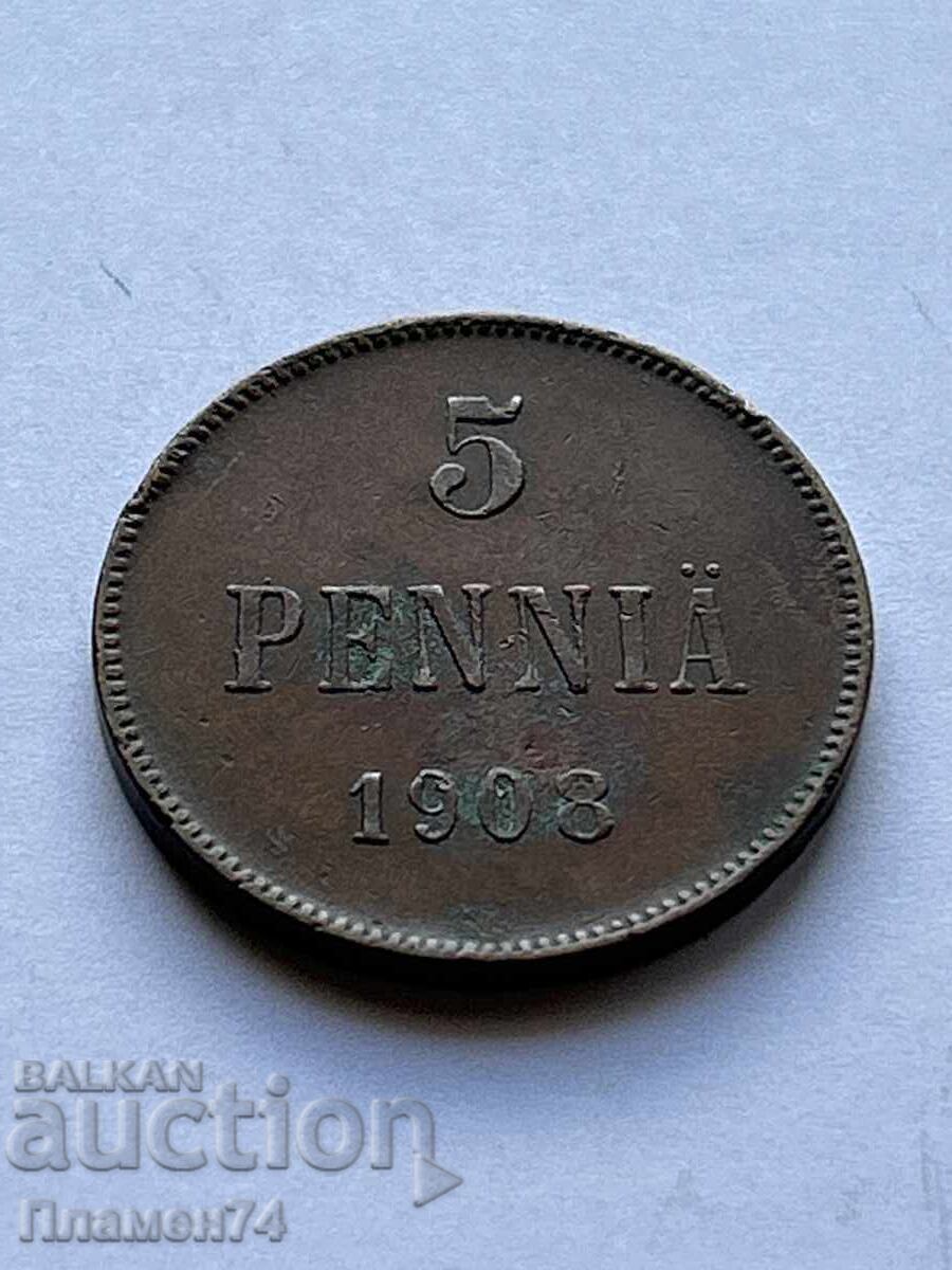 5 penniä 1908 Finlanda