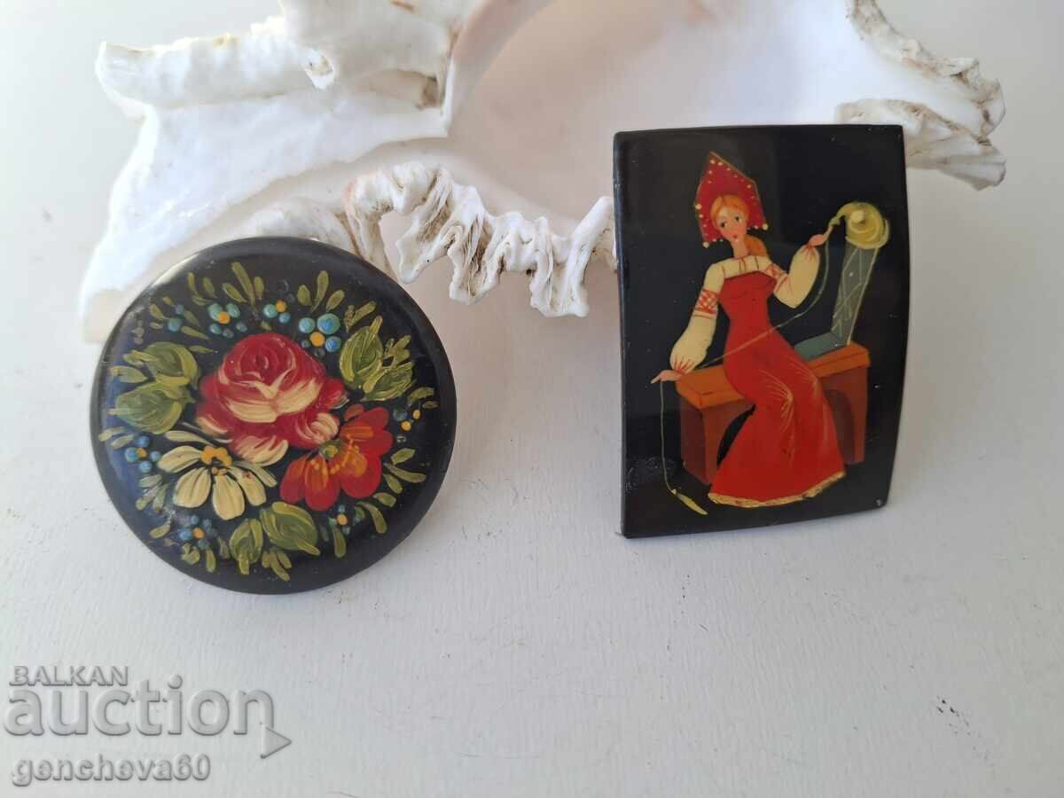 TWO Old Russian metal brooches with enamel, hand-painted TWO Old Russian metal brooches with enamel, hand-painted