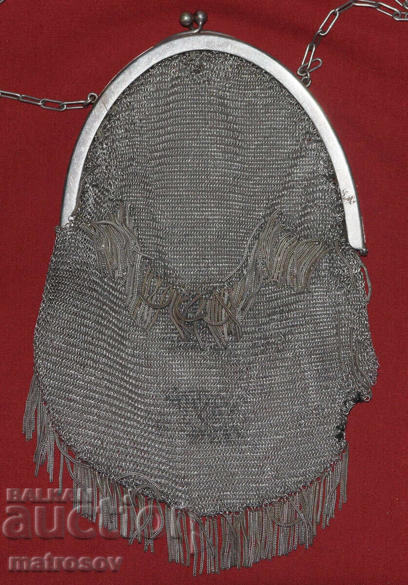 Licitație Geantă Art Deco veche, lucrată manual din alpaca, tricotată