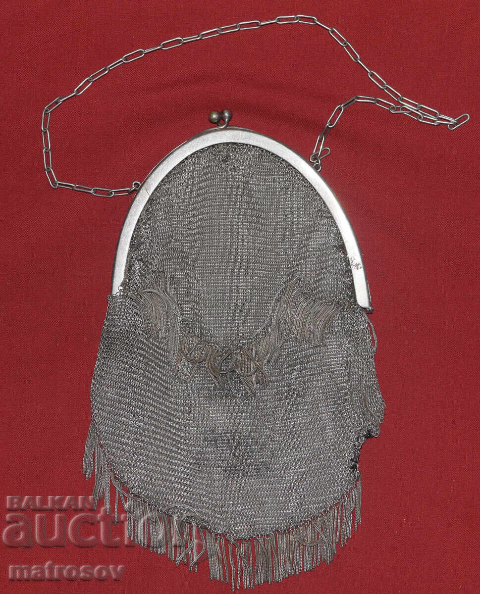 Geantă Art Deco veche, lucrată manual din alpaca, tricotată