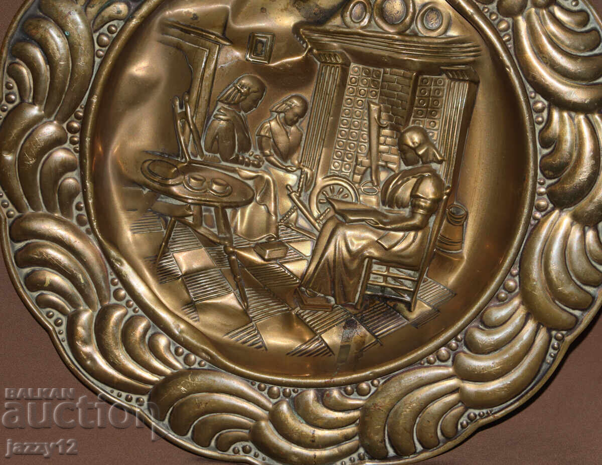 Παλιό ορειχάλκινο πιάτο, διακοσμητικό τοίχου, παστορικά μοτίβα - 5