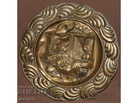 Veche farfurie de alamă, panou decorativ de perete, motive pastorale