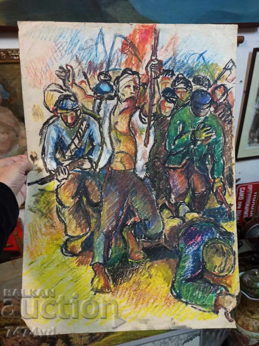 OLD BULGARIAN PAINTING PASTEL, MIXED MEDIA OLD BULGARIAN PAINTING PASTEL, MIXED MEDIA