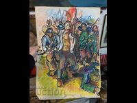 OLD BULGARIAN PAINTING PASTEL, MIXED MEDIA