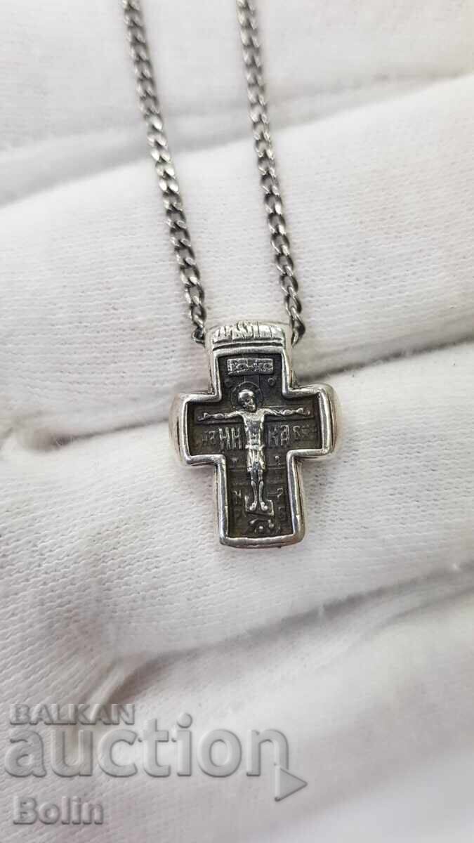 Russian Silver Orthodox Cross with Archangel 20th Century - 5