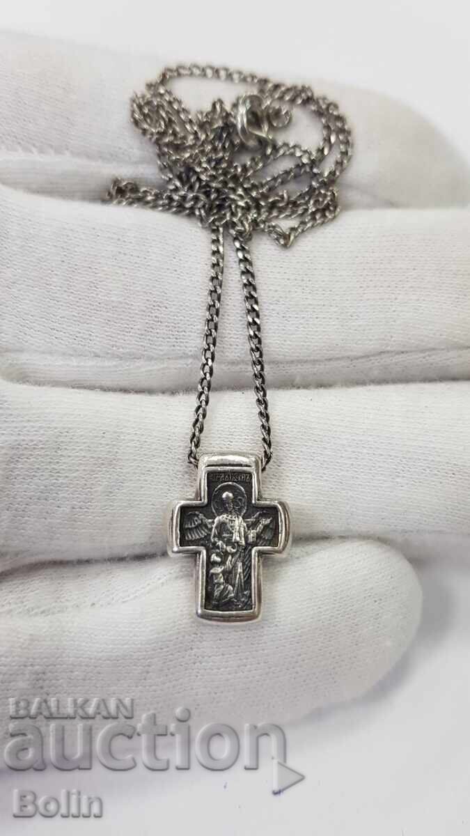 Russian Silver Orthodox Cross with Archangel 20th Century