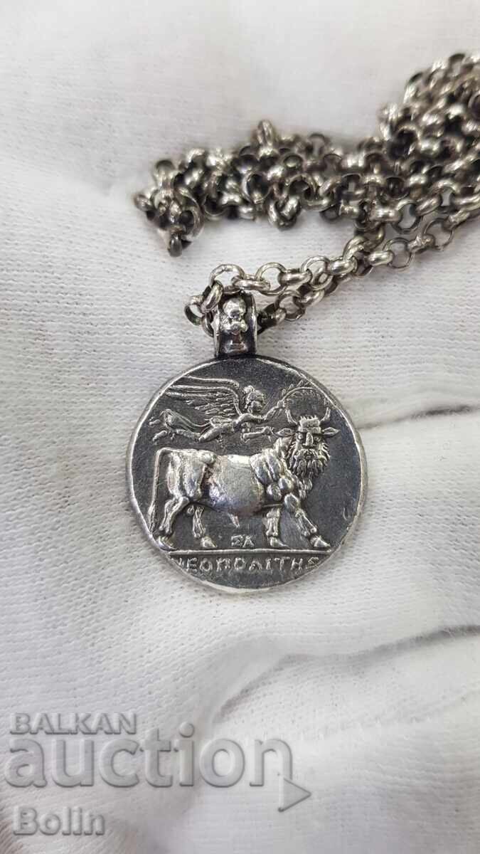 Medalion european din argint cu monedă grecească antică 925 - 5
