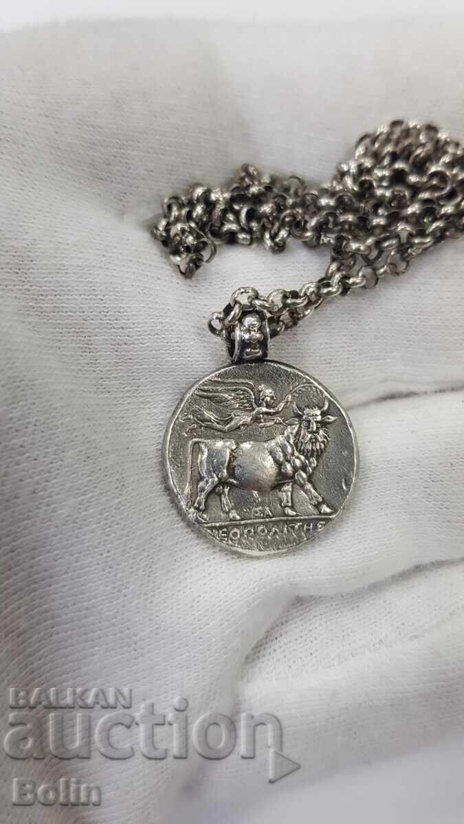 Medalion european din argint cu monedă grecească antică 925 - 6