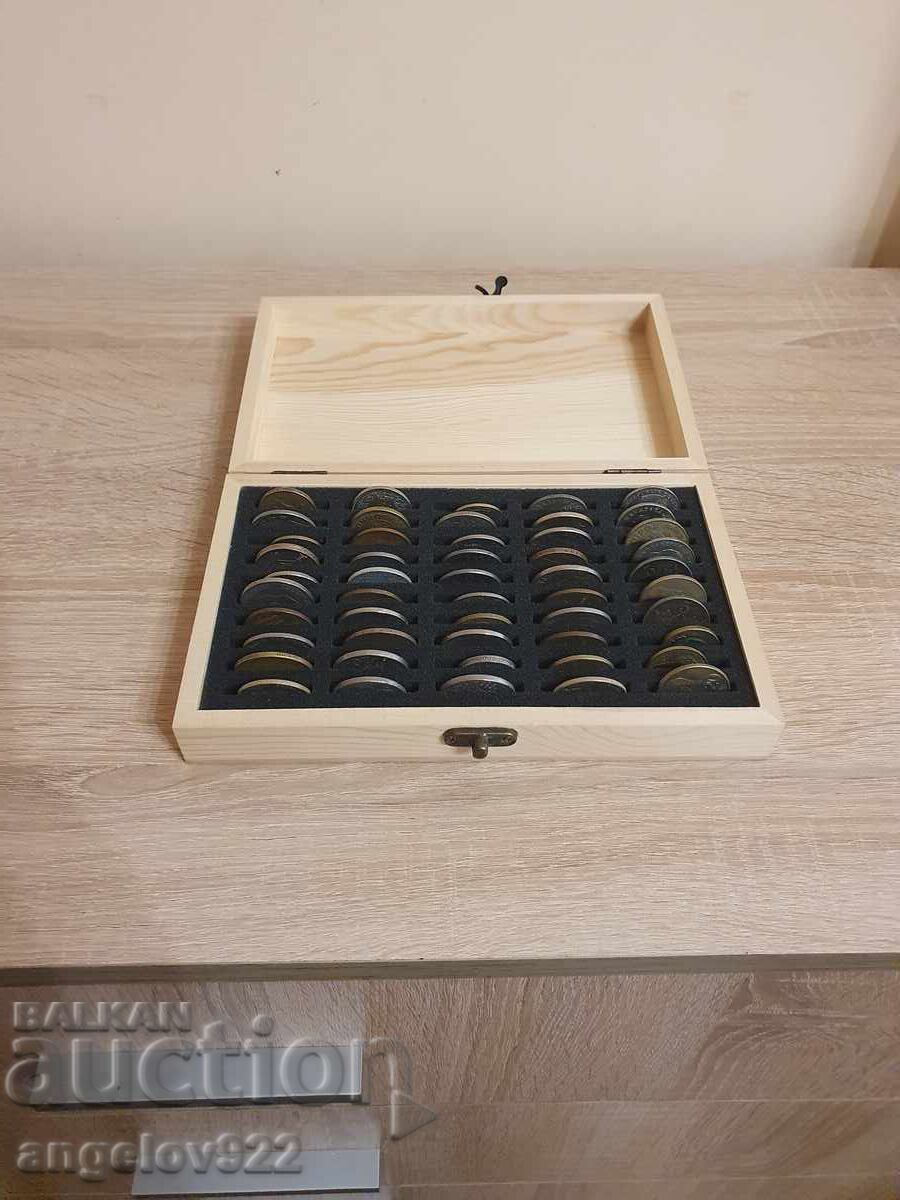 Wooden coin box with 50 coins!!!