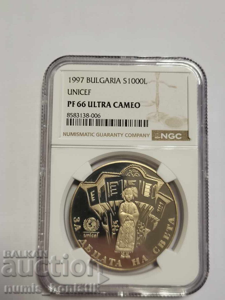 1000 лева 1997 г. Пеещо българче UNICEF NGC PF 66 ULTRA CAME с цена € 398.00 | 778.42 лв.