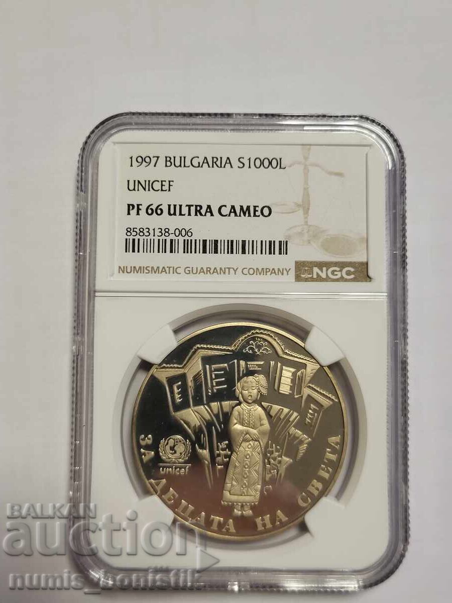 1000 лева 1997 г. Пеещо българче UNICEF NGC PF 66 ULTRA CAME