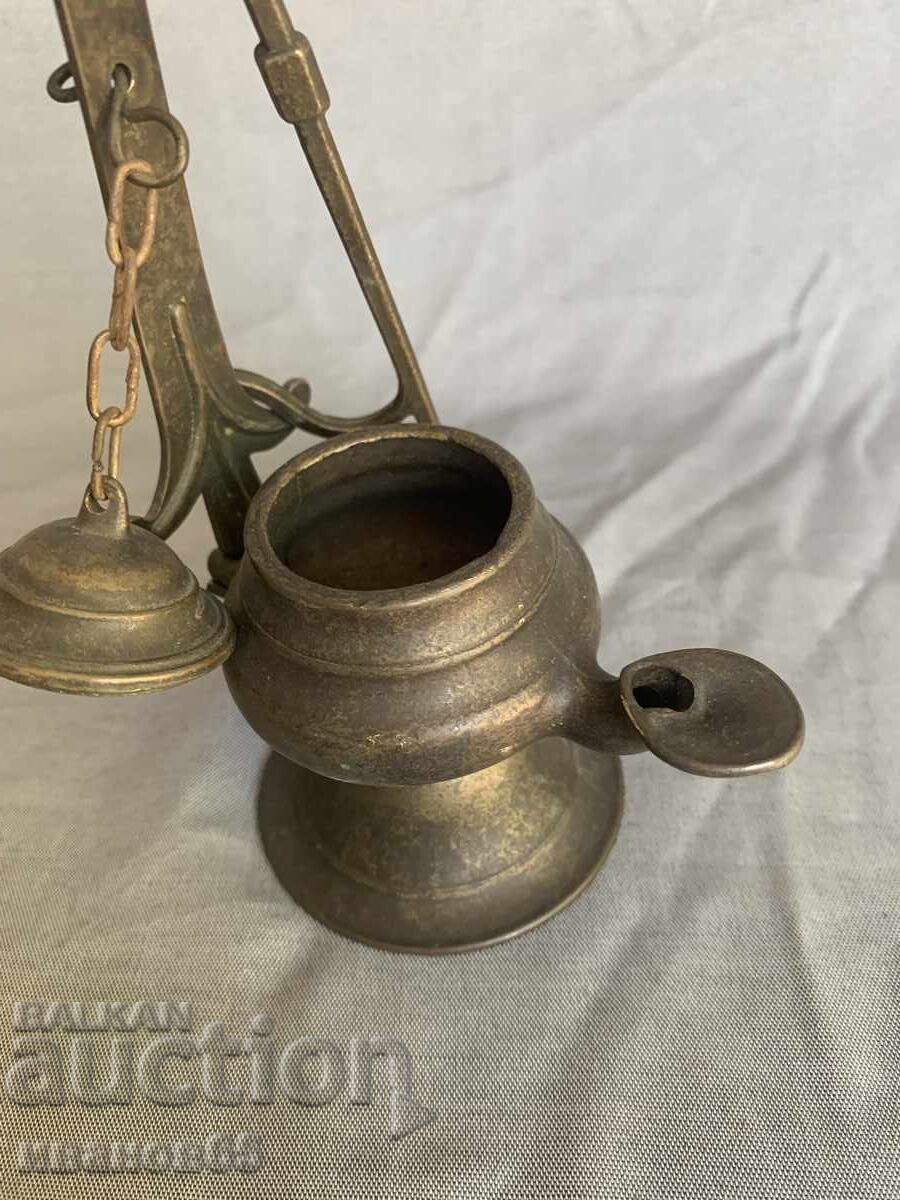 Old brass hanging oil lamp - 7