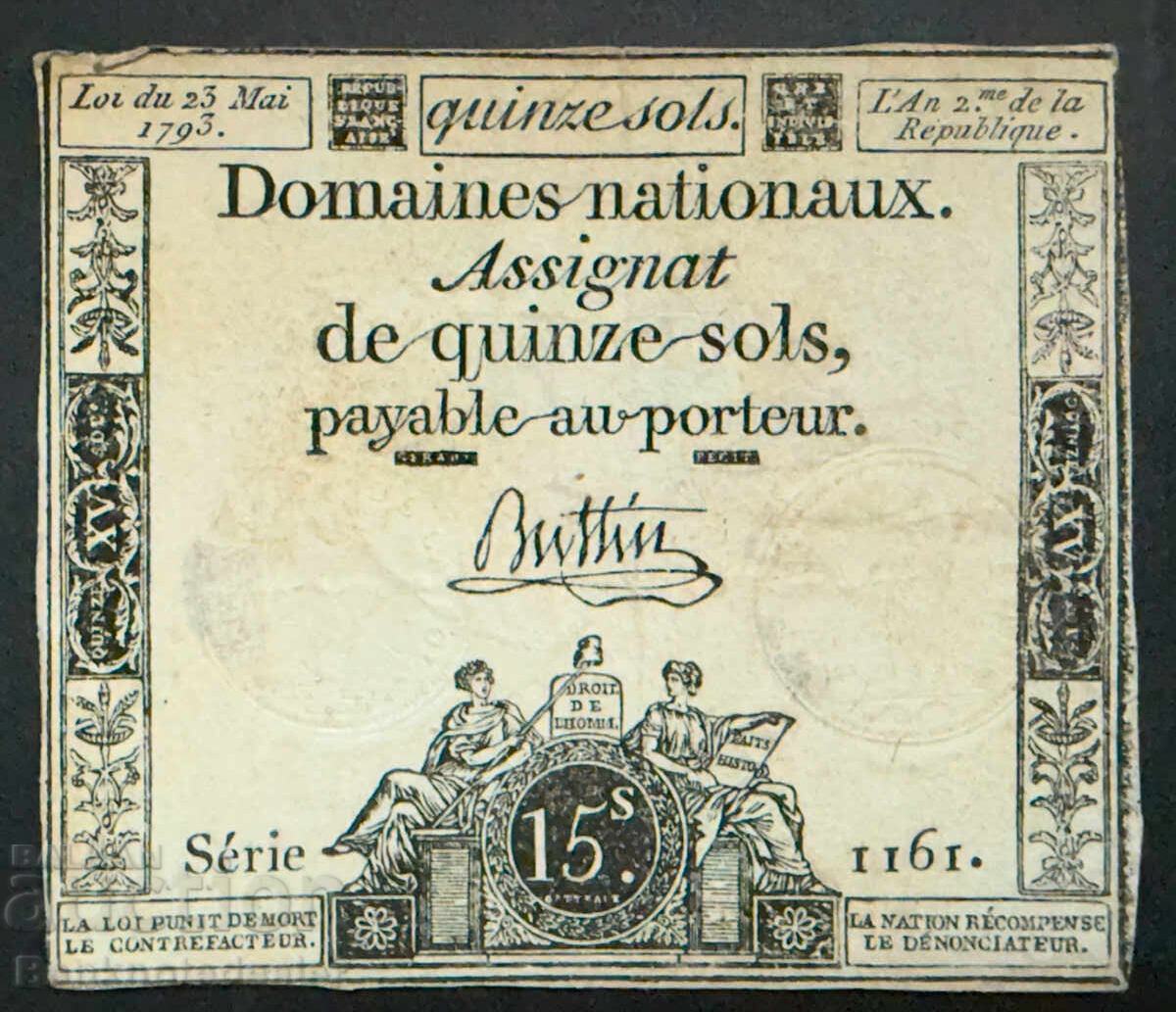 French Revolution France Assignat 15 Sols 1793 Ref 1161