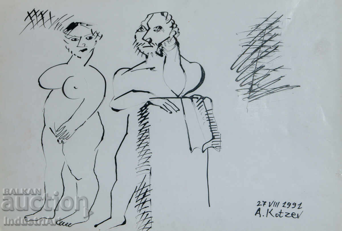 Auction  Modern art ink abstract portrait nude bodies