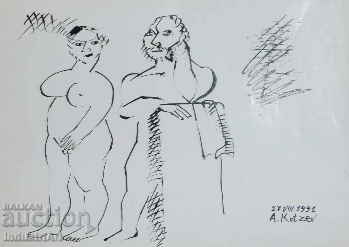 Modern art ink abstract portrait nude bodies