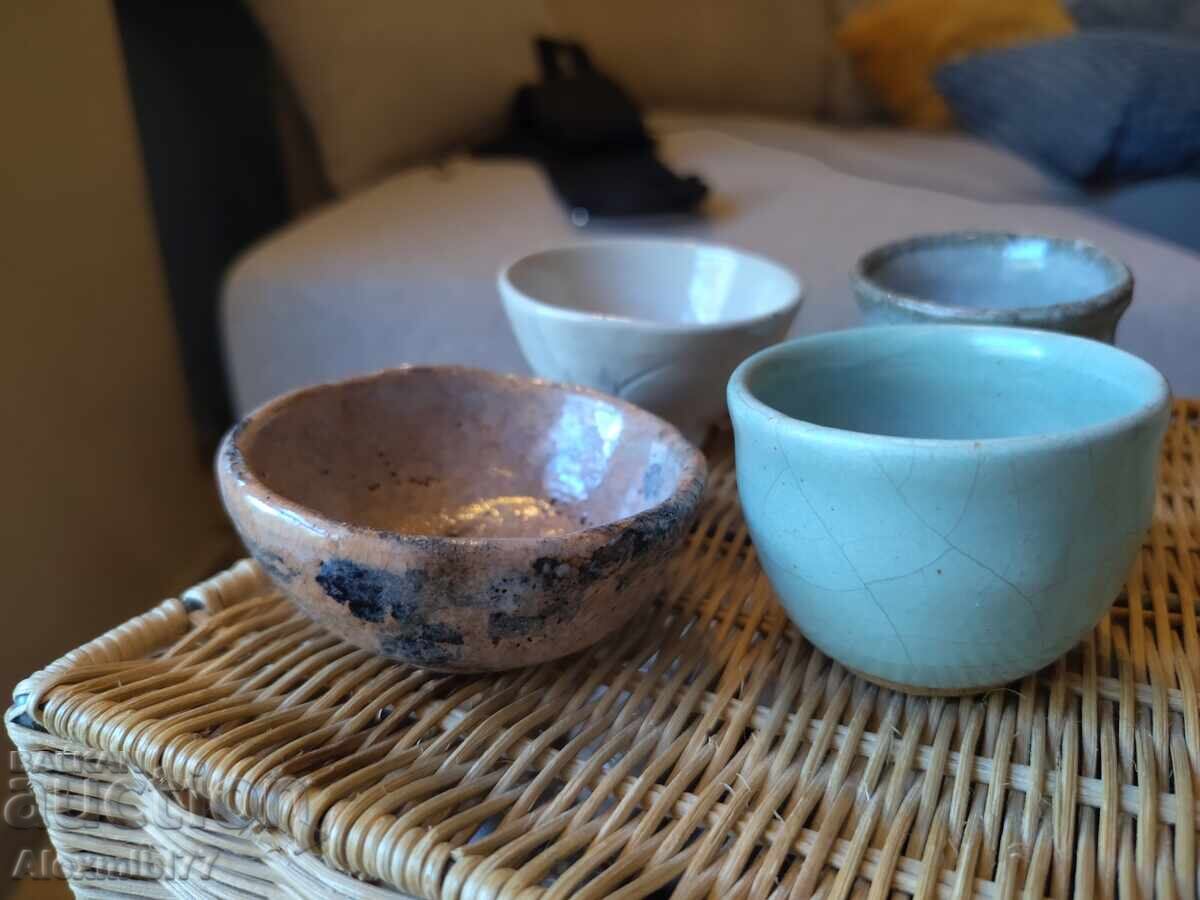 Lot of 4 Japanese ceramic sake cups - Hagi guinomi - 7 Lot of 4 Japanese ceramic sake cups - Hagi guinomi - 7