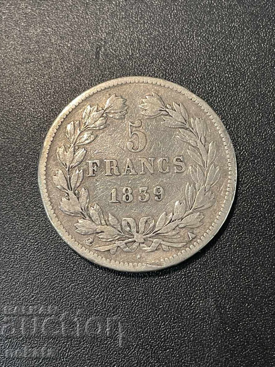 Δημοπρασία Γαλλία 5 φράγκα, 1839. Νομισματοκοπείο - Παρίσι (Α)