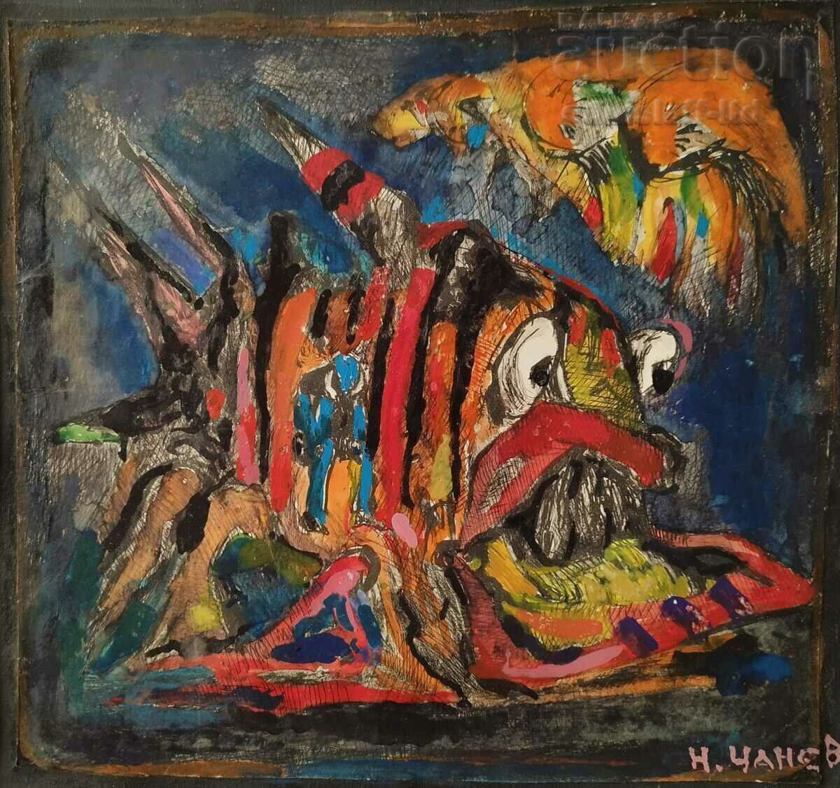 Painting, composition with fish, art. N. Chanev (1963-2020) with price 210.00 BGN | € 107.37