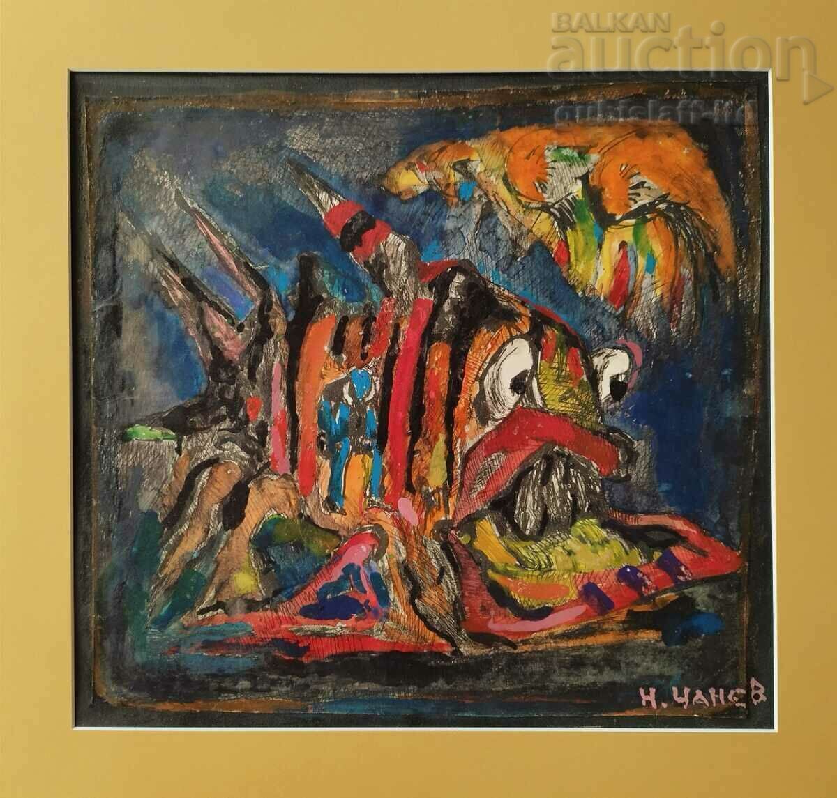 Painting, composition with fish, art. N. Chanev (1963-2020)