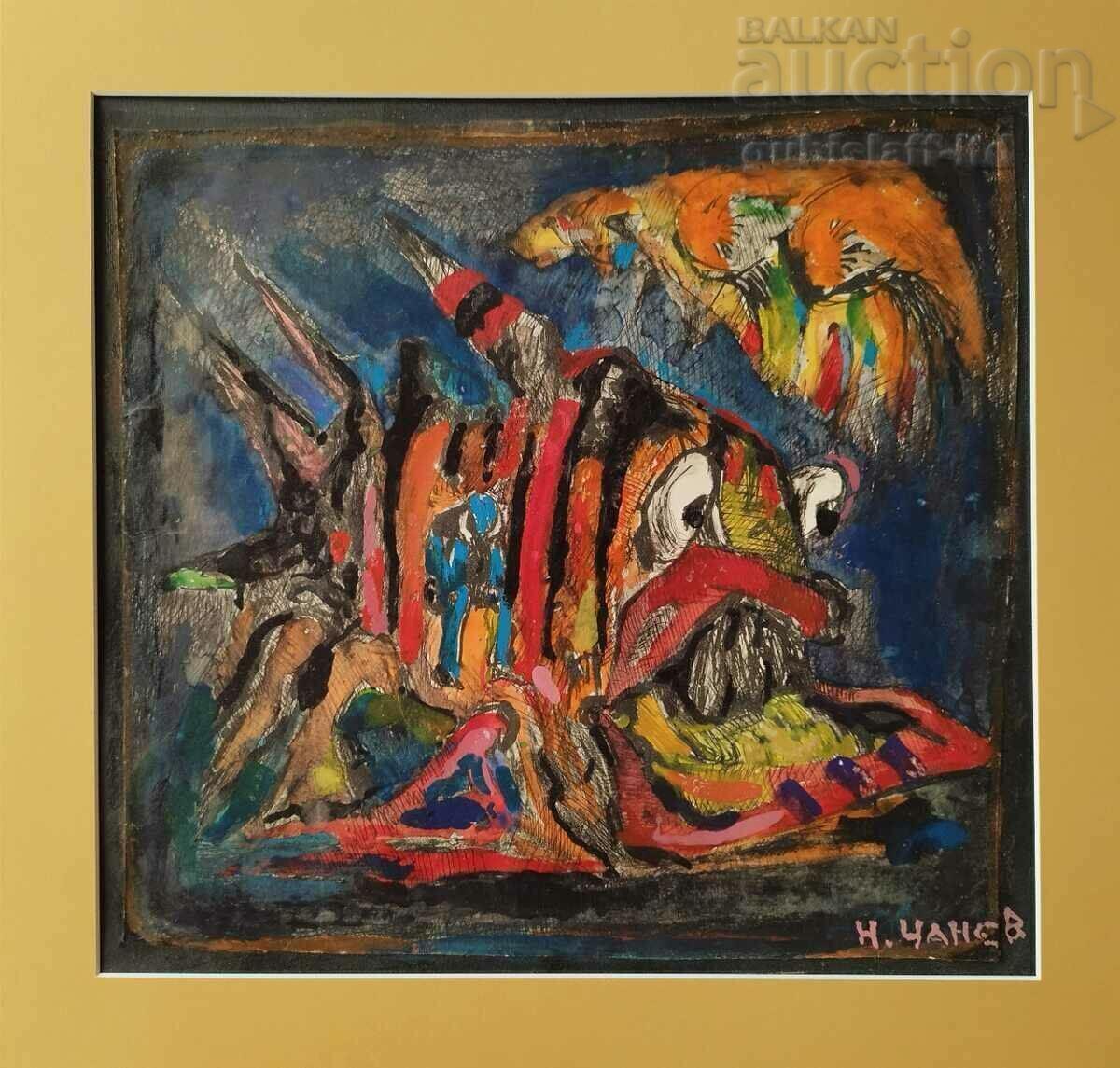 Painting, composition with fish, art. N. Chanev (1963-2020)