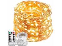 NOU! Lanț de lumini din cupru cu baterii și telecomandă, 10m