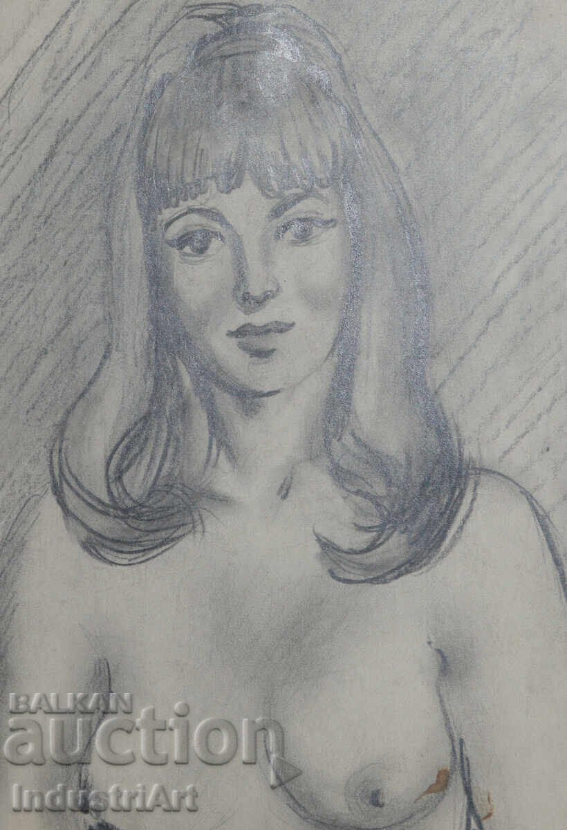 Beautiful pencil drawing, female portrait, nude body