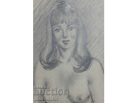 Desen frumos în creion, portret feminin, corp nud