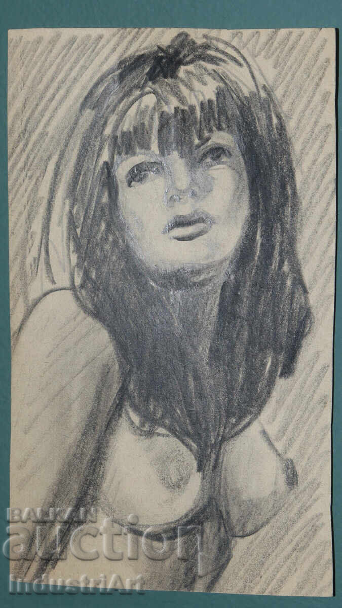 Old beautiful pencil drawing female portrait nude body with price 100.00 BGN | € 51.13