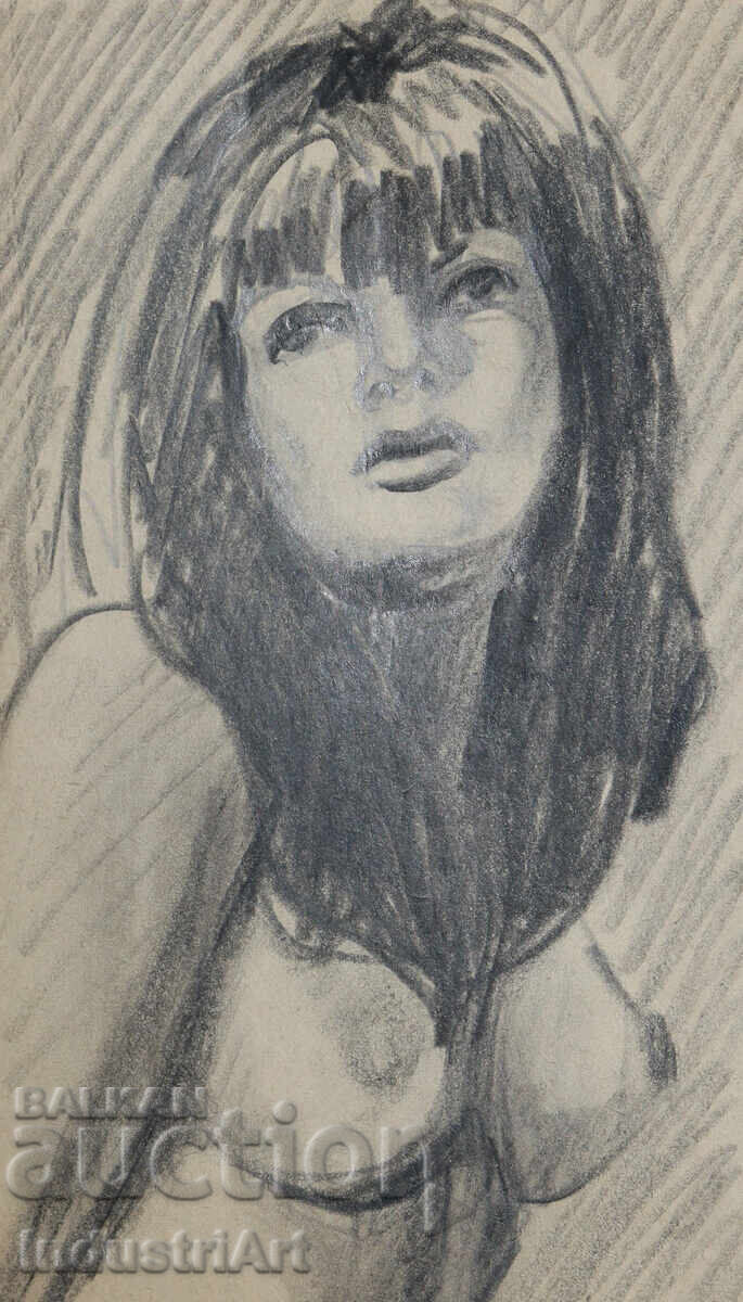Auction  Old beautiful pencil drawing female portrait nude body