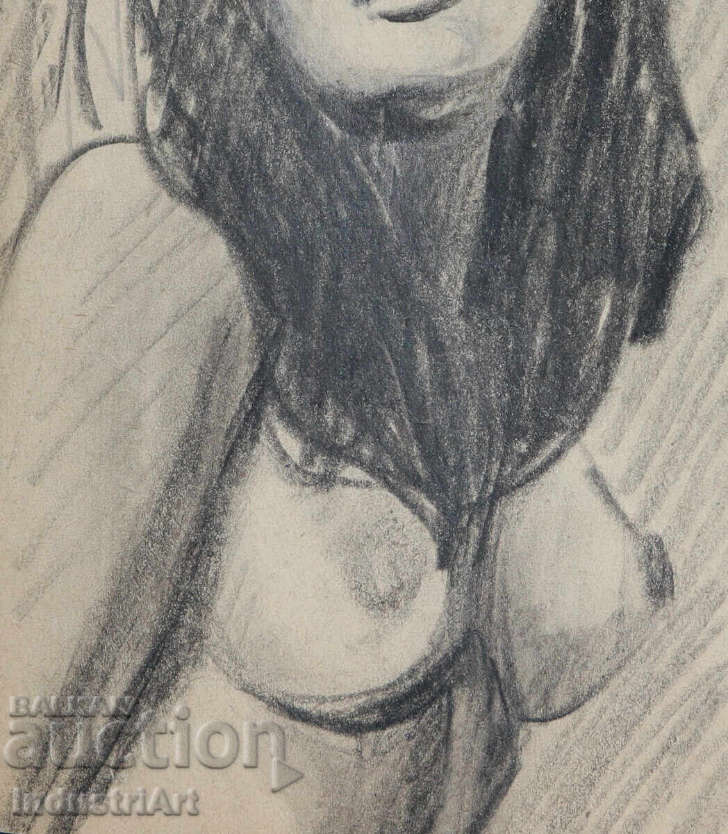 Old beautiful pencil drawing female portrait nude body - 5
