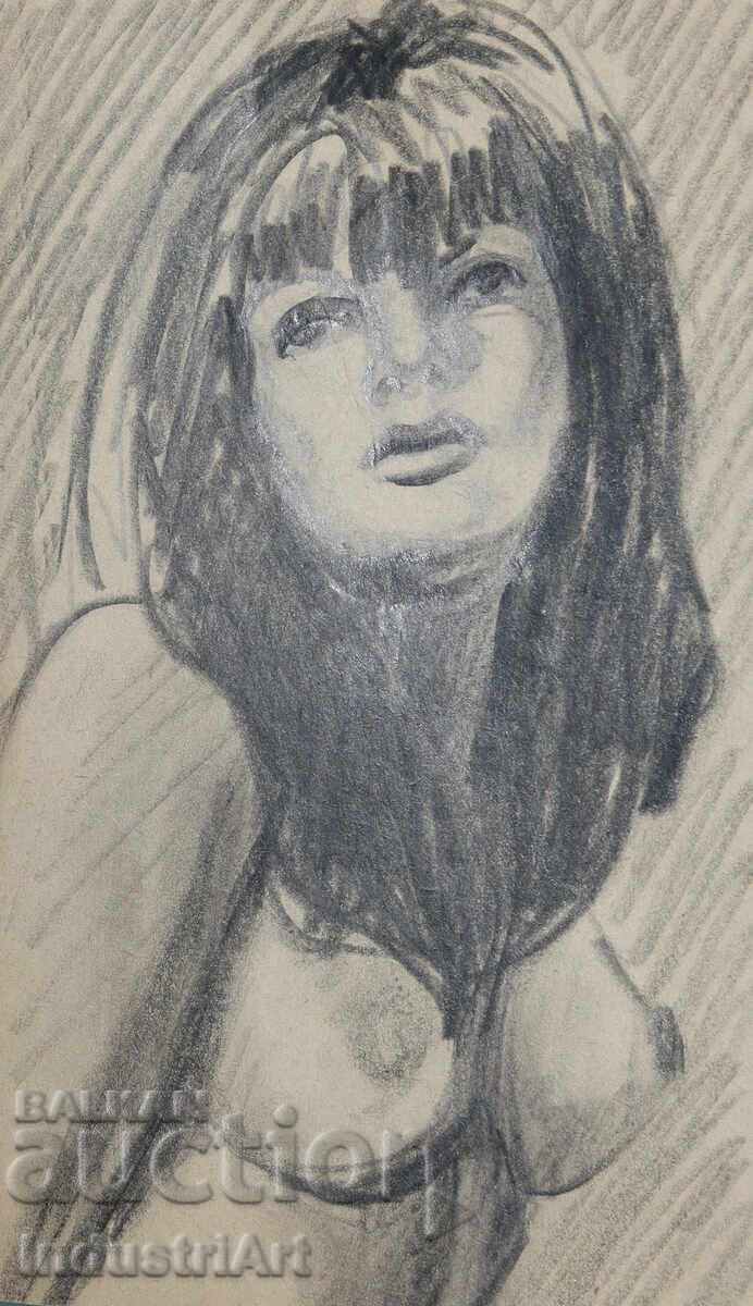 Old beautiful pencil drawing female portrait nude body