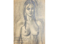 Old beautiful pencil drawing female portrait nude body