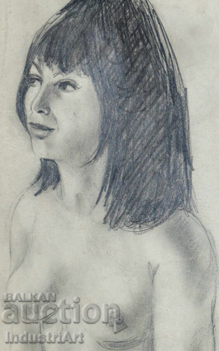 Стара красива рисунка молив женски портрет голо тяло с цена 100.00 лв. | € 51.13