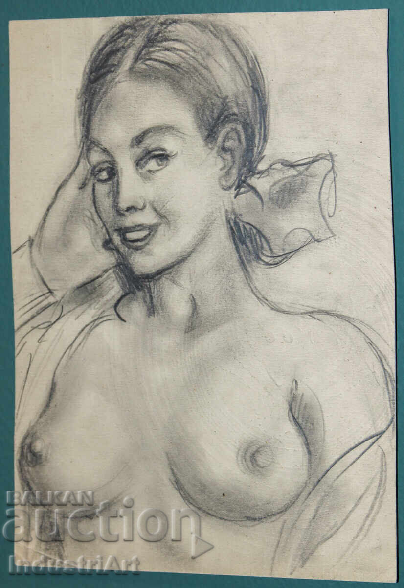 Auction Old beautiful pencil drawing female portrait nude body Auction Old beautiful pencil drawing female portrait nude body
