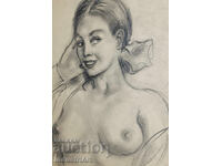 Old beautiful pencil drawing female portrait nude body