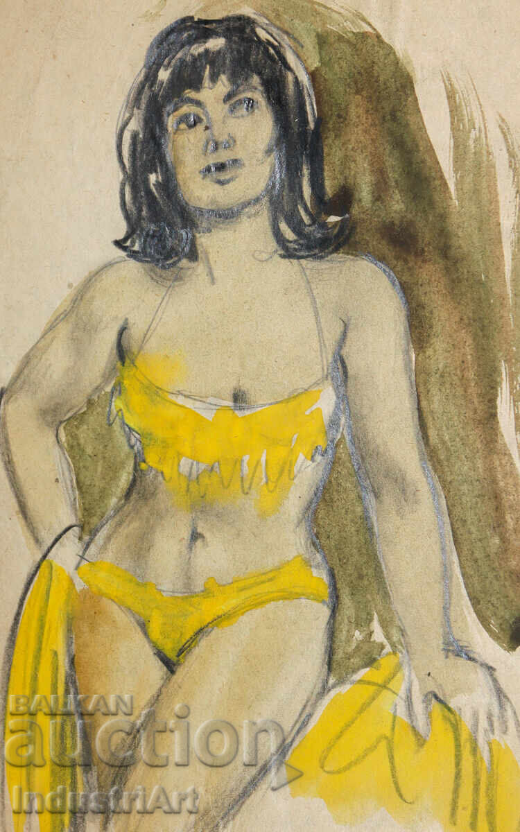 Παλιό έργο ζωγραφικής με ακουαρέλα και μολύβι, γυναικείο πορτρέτο με τιμή 100.00 BGN | € 51.13