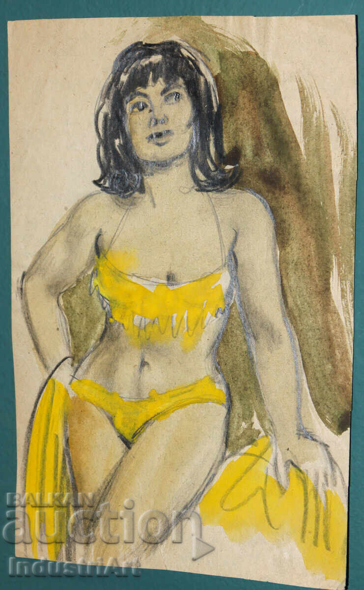 Δημοπρασία Παλιό έργο ζωγραφικής με ακουαρέλα και μολύβι, γυναικείο πορτρέτο