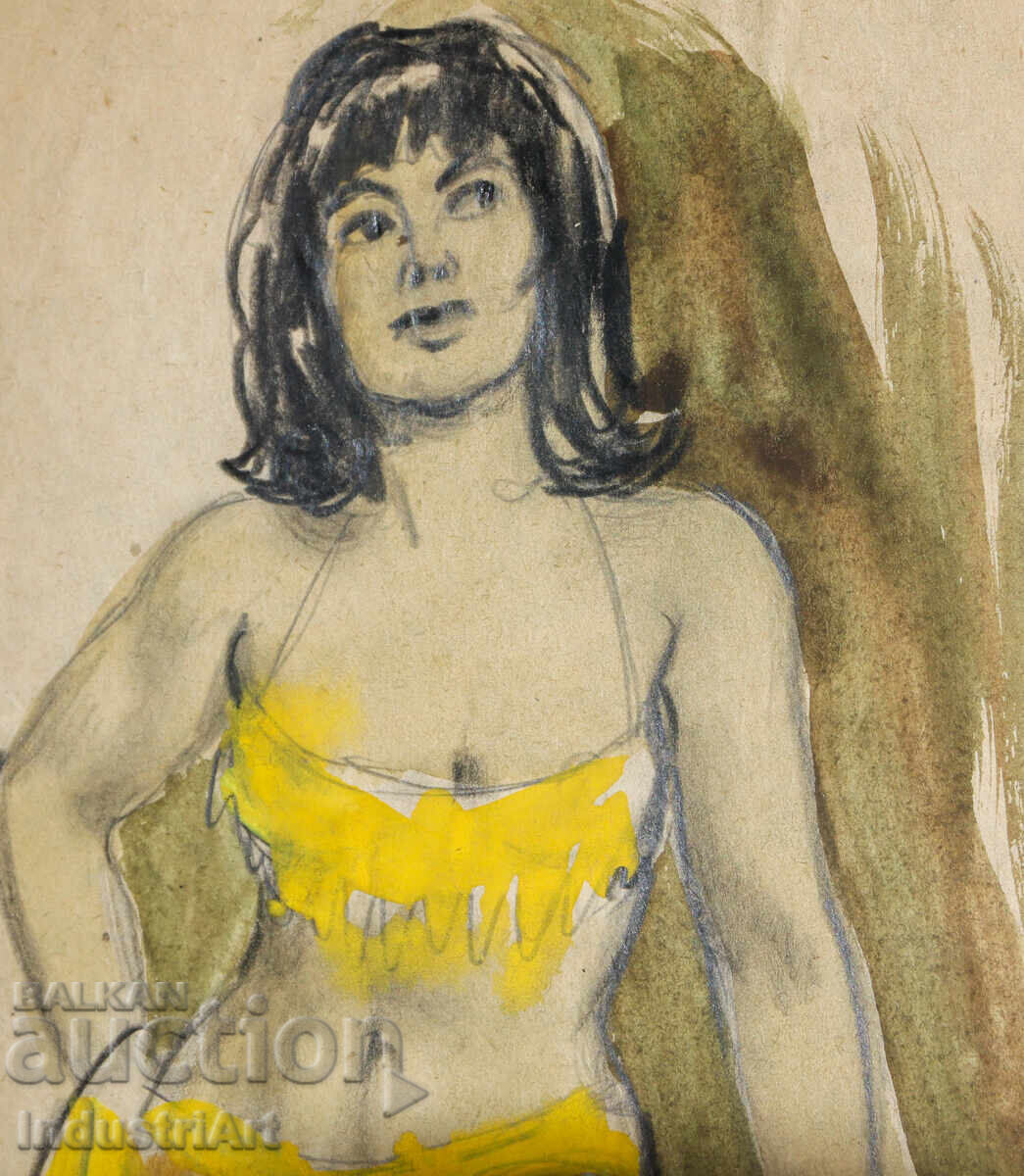 Παράδοση Παλιό έργο ζωγραφικής με ακουαρέλα και μολύβι, γυναικείο πορτρέτο