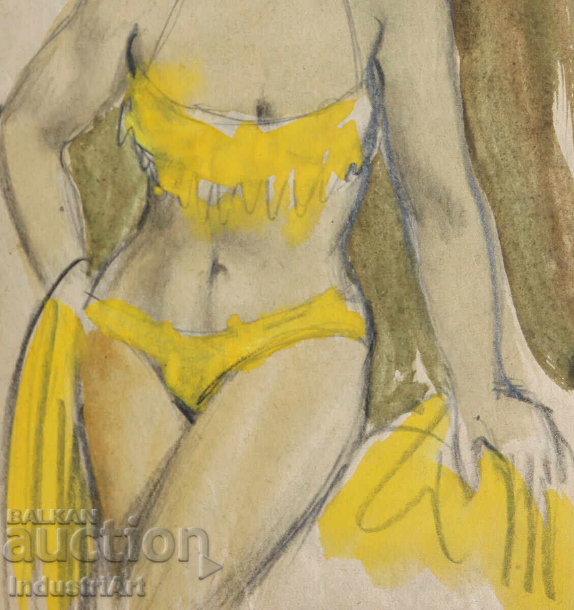 Παλιό έργο ζωγραφικής με ακουαρέλα και μολύβι, γυναικείο πορτρέτο - 5