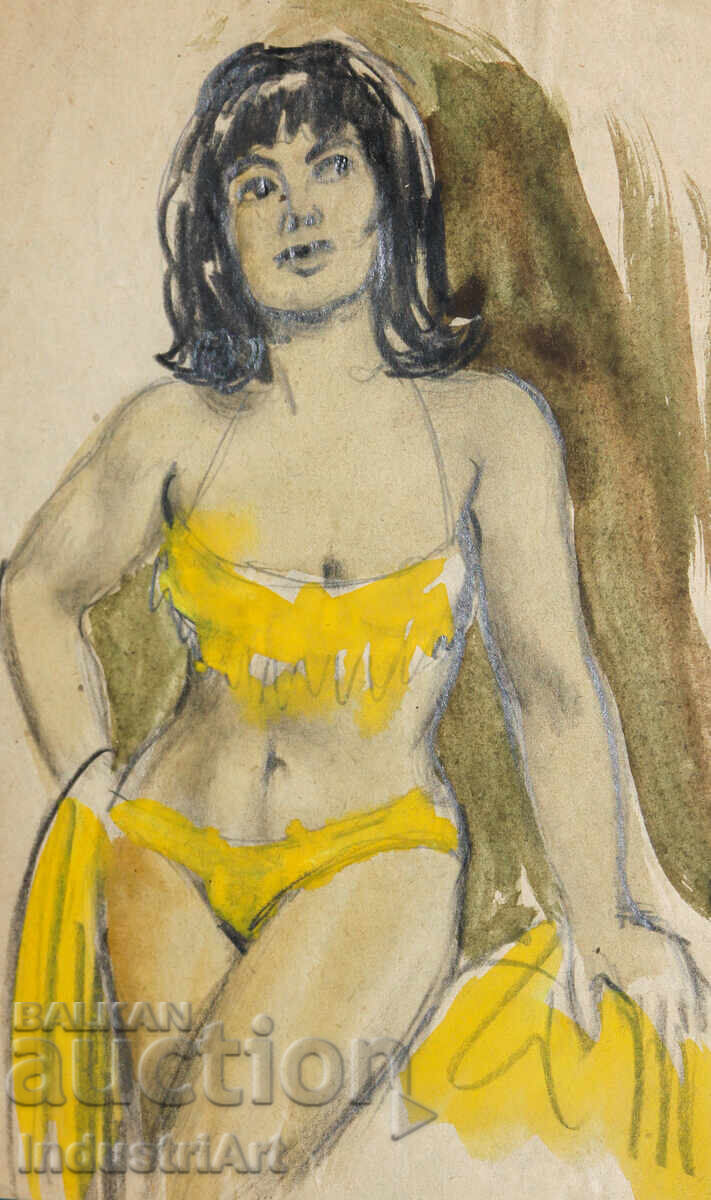 Παλιό έργο ζωγραφικής με ακουαρέλα και μολύβι, γυναικείο πορτρέτο
